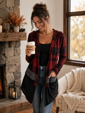 Maurices Buffalo Plaid Hooded Cardigan XS Red Black Lightweight Drape Open Front